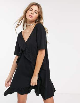 ASOS DESIGN v front frill seam smock dress in black | ASOS