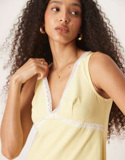 ASOS DESIGN v front lace insert mini dress in yellow, 4 of 4
