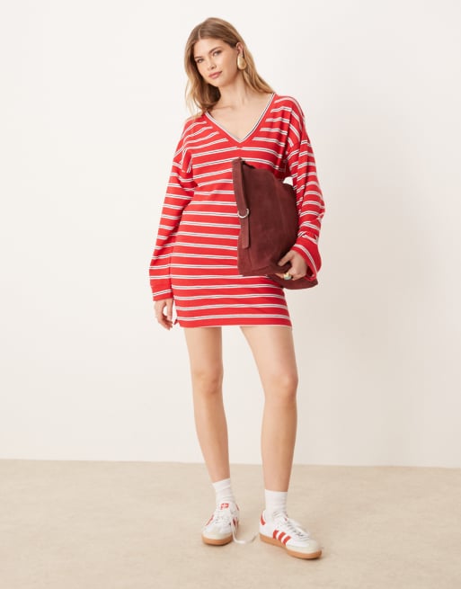 ASOS DESIGN v front long sleeve t-shirt mini dress in red stripe | ASOS