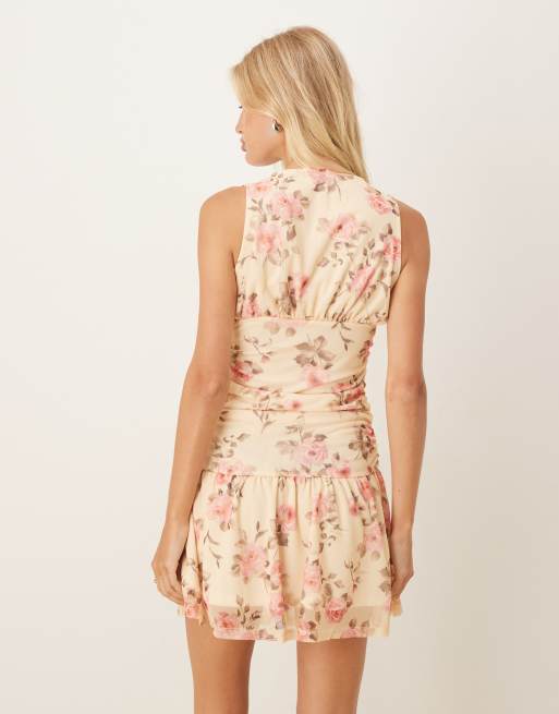 ASOS DESIGN V front ruched hanky hem mini dress in vintage floral print