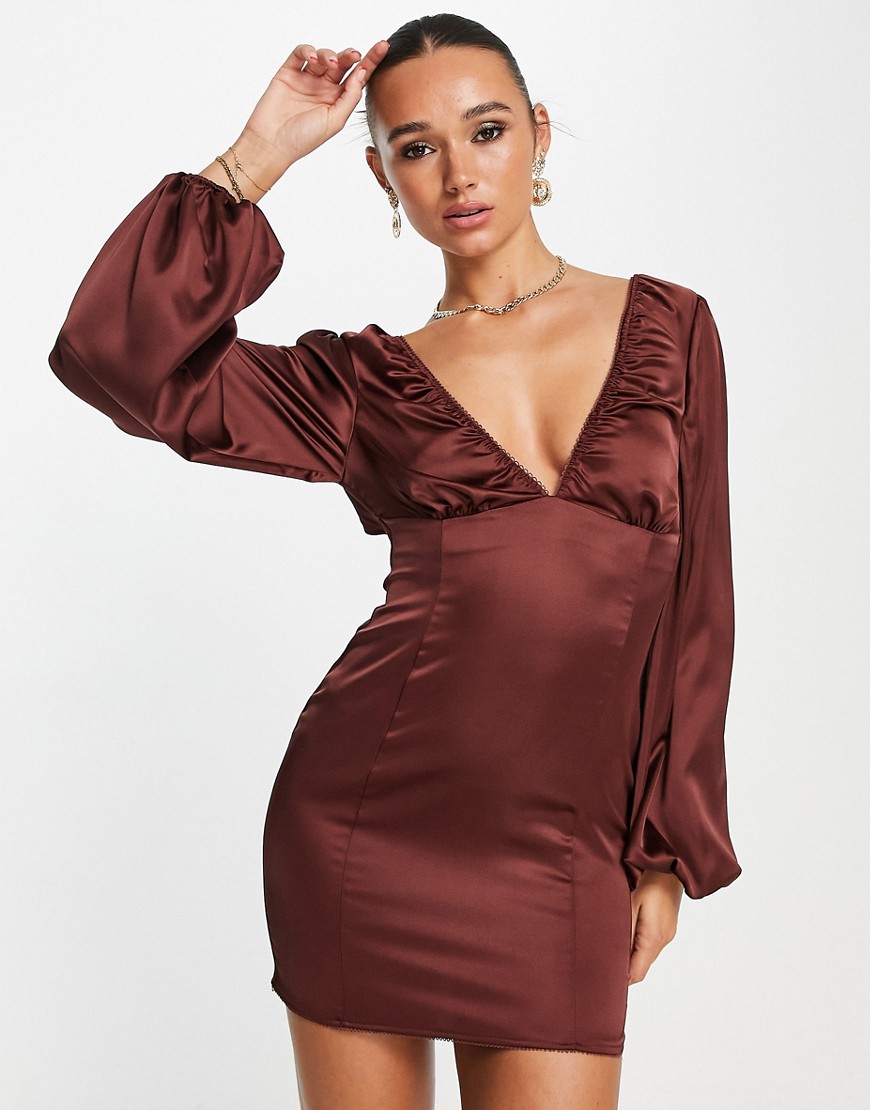 ASOS DESIGN v front satin mini dress with picot trim in chocolate-Brown