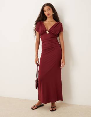 Asos Design V Front Short Sleeve Midi Dress With Hardware Detail