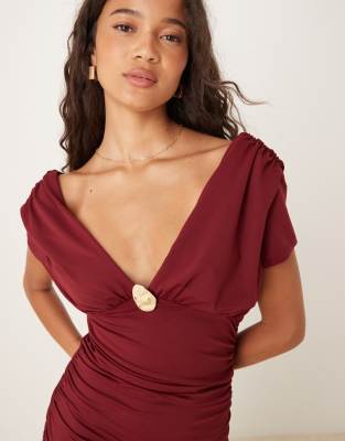 Asos Design V Front Short Sleeve Midi Dress With Hardware Detail