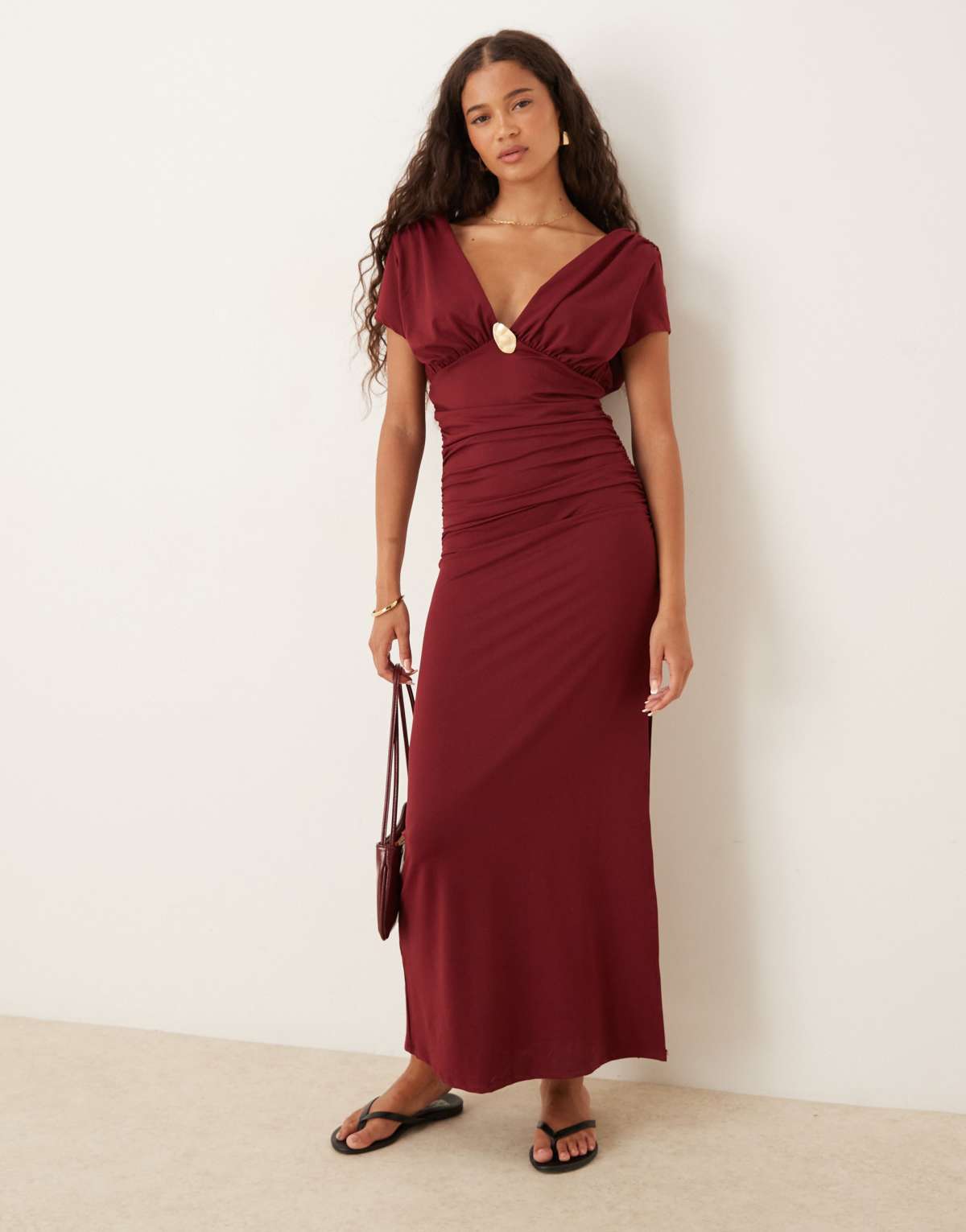 ASOS DESIGN V front short sleeve midi dress with hardwear detail in burgundy