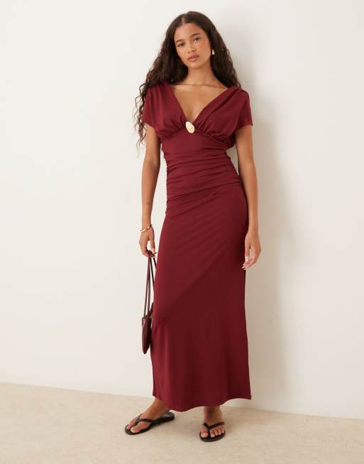 ASOS DESIGN V front short sleeve midi dress with hardwear detail in burgundy