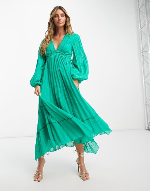 ASOS DESIGN v front trim detail pleated dobby midi dress in emerald green