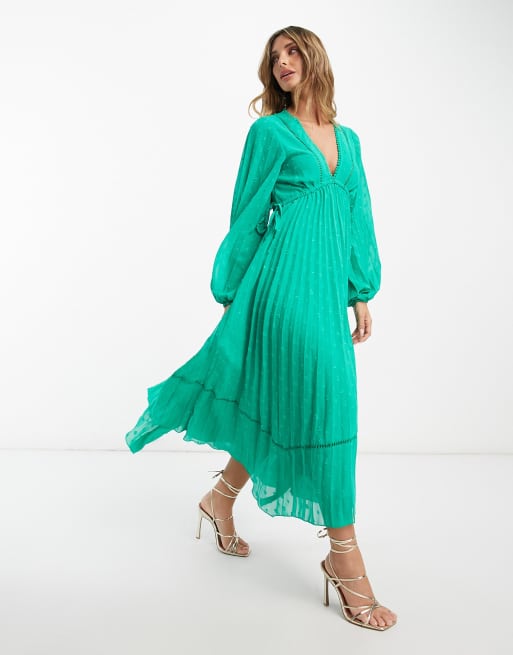 Emerald green long clearance sleeve pleated midi dress