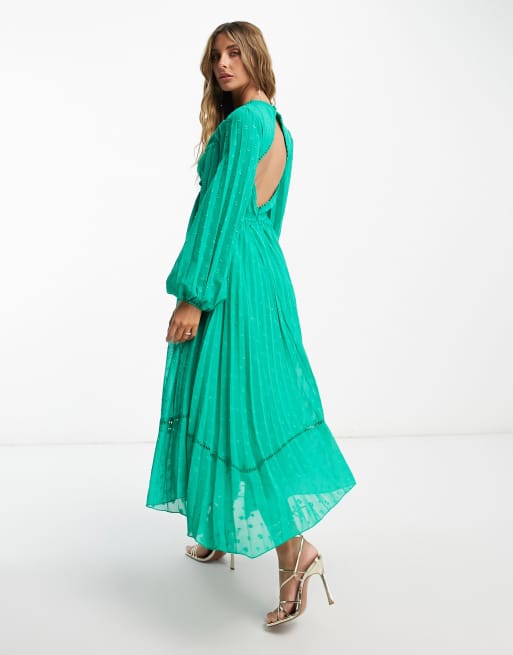 ASOS DESIGN V-front trim detail pleated textured midi dress in emerald green