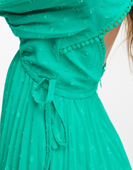 ASOS DESIGN V-front trim detail pleated textured midi dress in emerald green