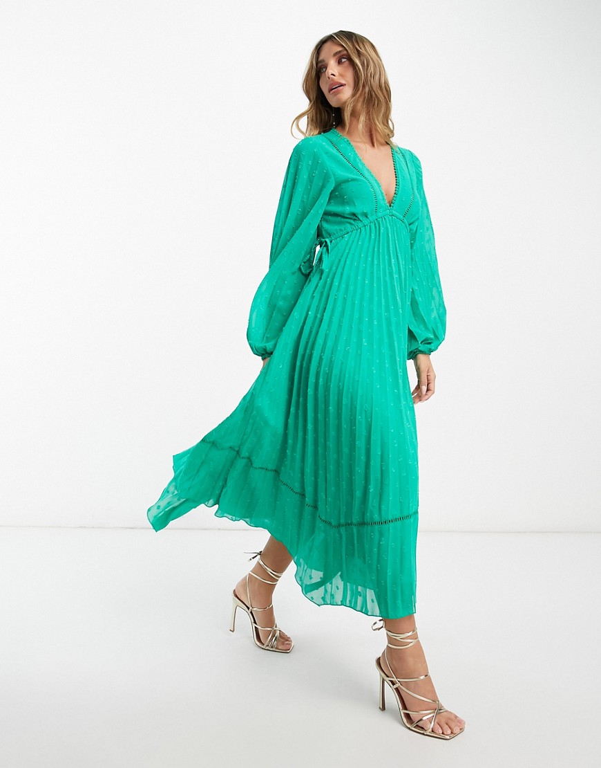 Asos Design V Front Trim Detail Pleated Textured Midi Dress With Hanky Hem In Emerald Green-yellow