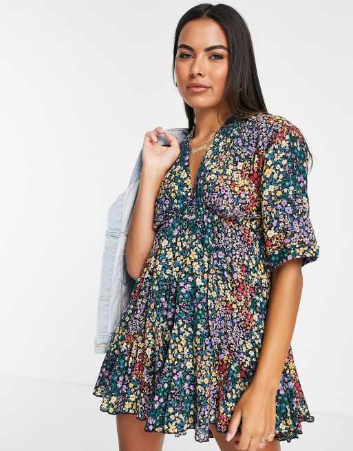 ASOS DESIGN v front v back godet skater mini dress in mixed ditsy floral print, 2 of 4