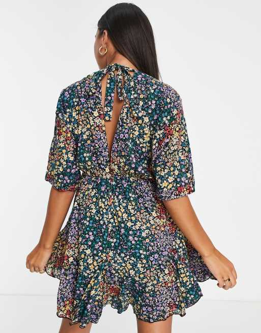 ASOS DESIGN v front v back godet skater mini dress in mixed ditsy floral print, 3 of 4