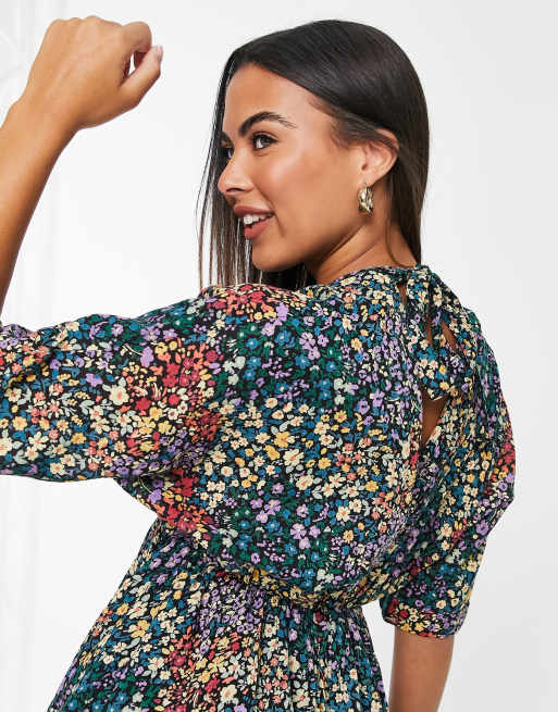 ASOS DESIGN v front v back godet skater mini dress in mixed ditsy floral print, 4 of 4