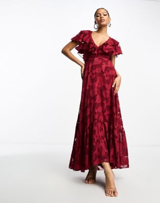 Asos Design V Front V Back Ruffle Maxi Dress With Flutter Sleeve And Tie Back In Textured Jacquard In Burgundy In Red