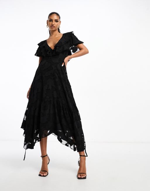 ASOS DESIGN v front v back ruffle midi dress with flutter