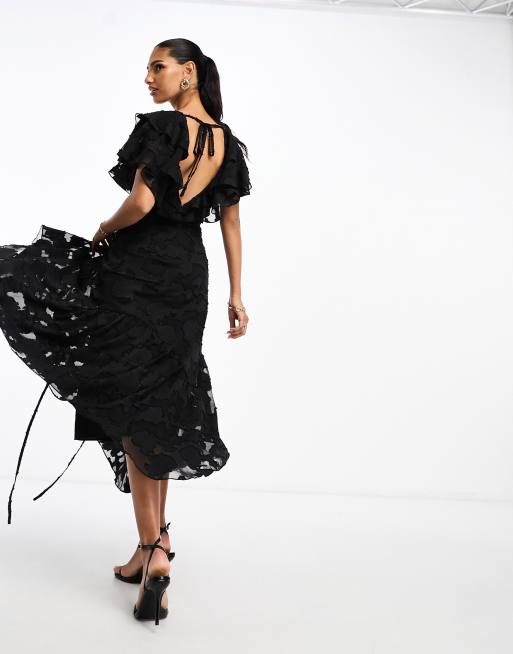 Black V Plunge Frill Midi Dress