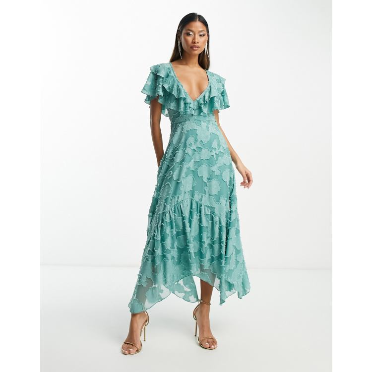 ASOS DESIGN v front v back ruffle midi dress with flutter sleeve and tie  back in textured jacquard in sea green