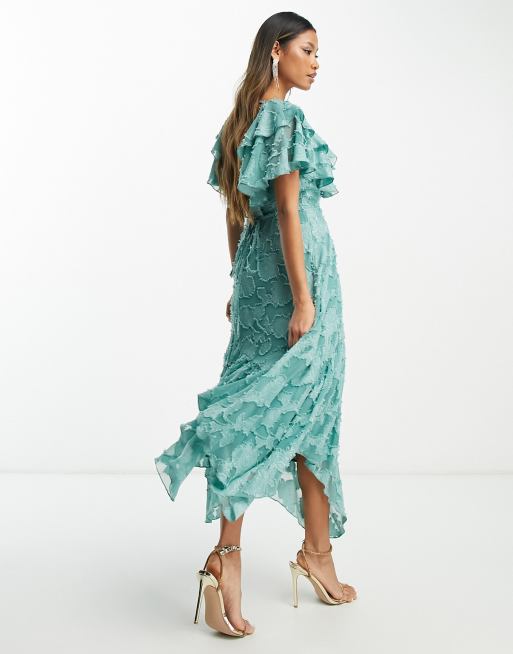 ASOS DESIGN v front v back ruffle midi dress with flutter sleeve