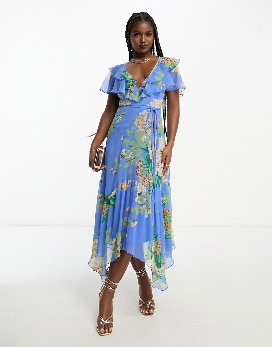 ASOS DESIGN v front v back ruffle midi dress with flutter sleeve and tie belt in blue floral print-M