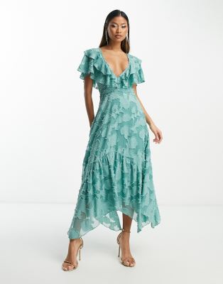 Asos Design V Front V Back Ruffle Midi Dress With Flutter Sleeve And Tie Belt In Textured Jacquard In Sea Green In Green
