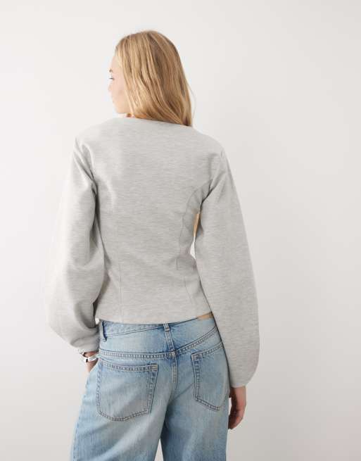 ASOS DESIGN V-hals interlock fitted sweat-sæt i gråmeleret, 4 af 4