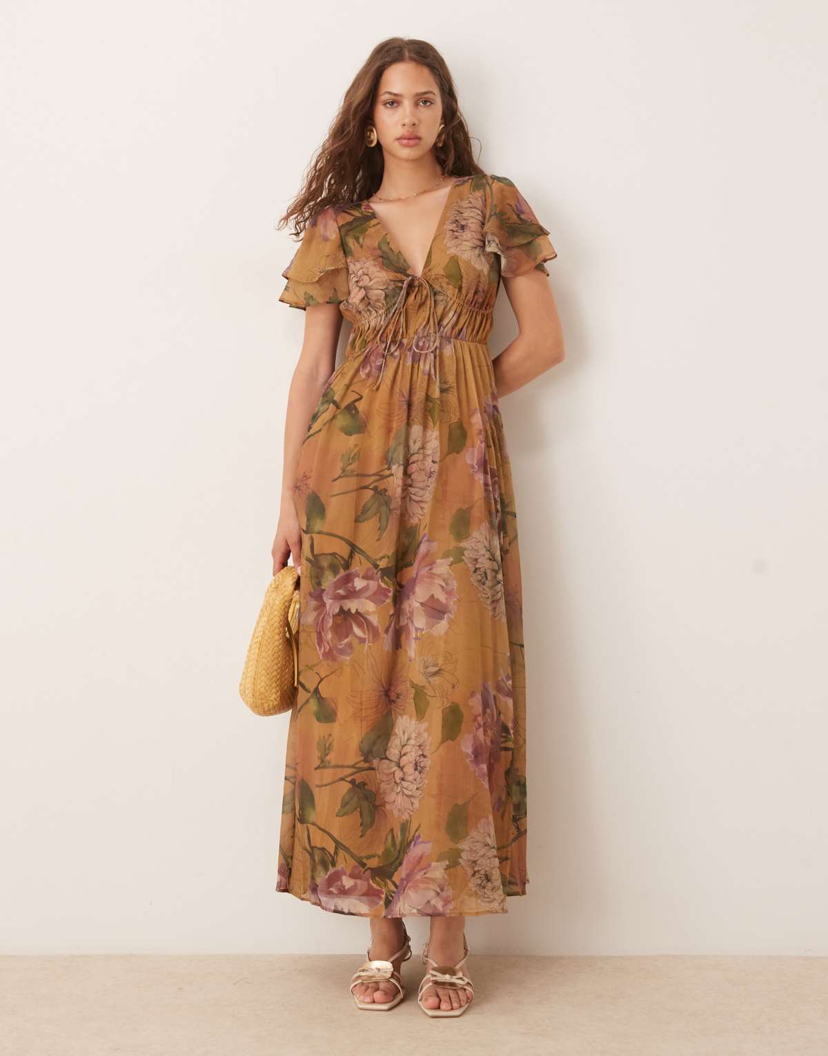 ASOS DESIGN v neck angel sleeve cut out maxi dress in floral print