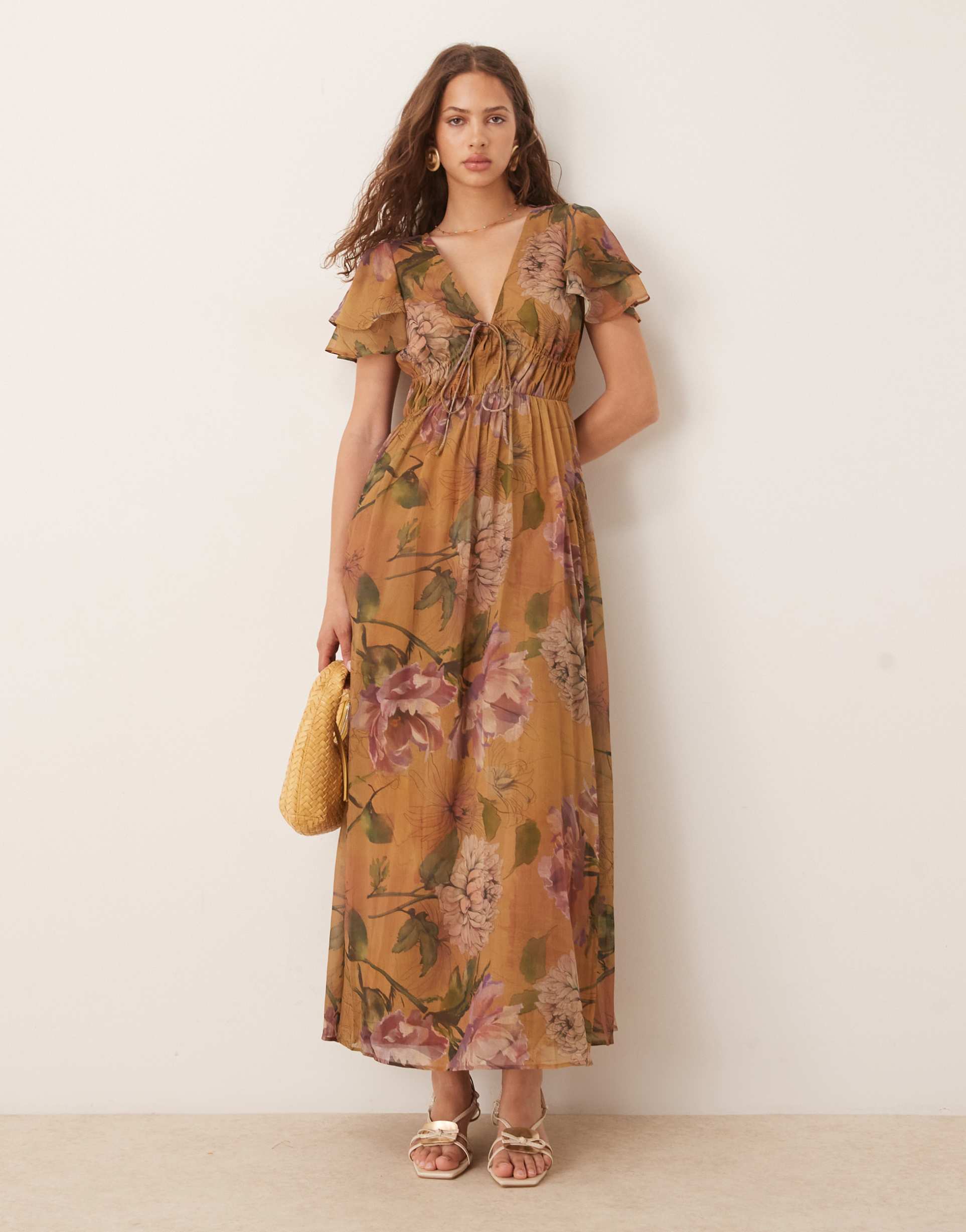 asos design v-neck angel sleeve cut-out maxi dress in floral print