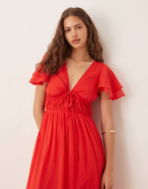 ASOS DESIGN v neck angel sleeve cut out maxi dress in red, 2 of 4