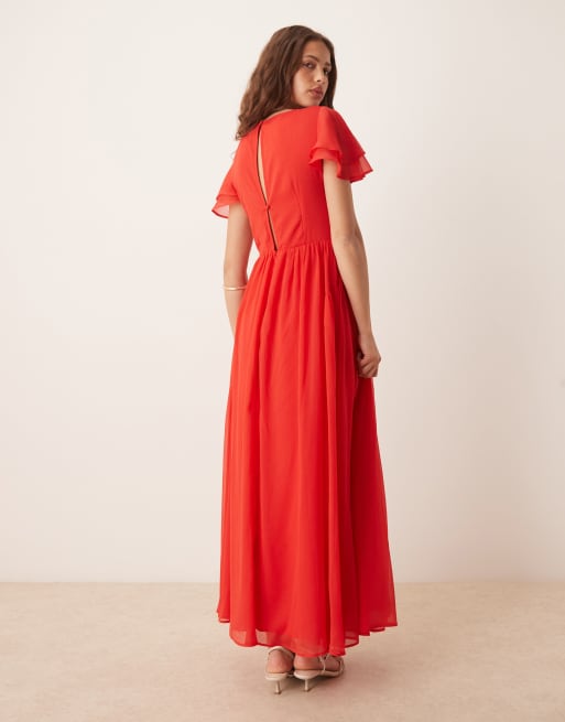 ASOS DESIGN v neck angel sleeve cut out maxi dress in red, 3 of 4