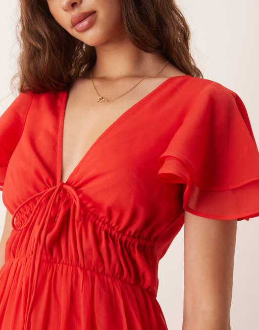 ASOS DESIGN v neck angel sleeve cut out maxi dress in red, 4 of 4