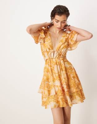 Asos Design V Neck Angel Sleeve Cut Out Mini Dress