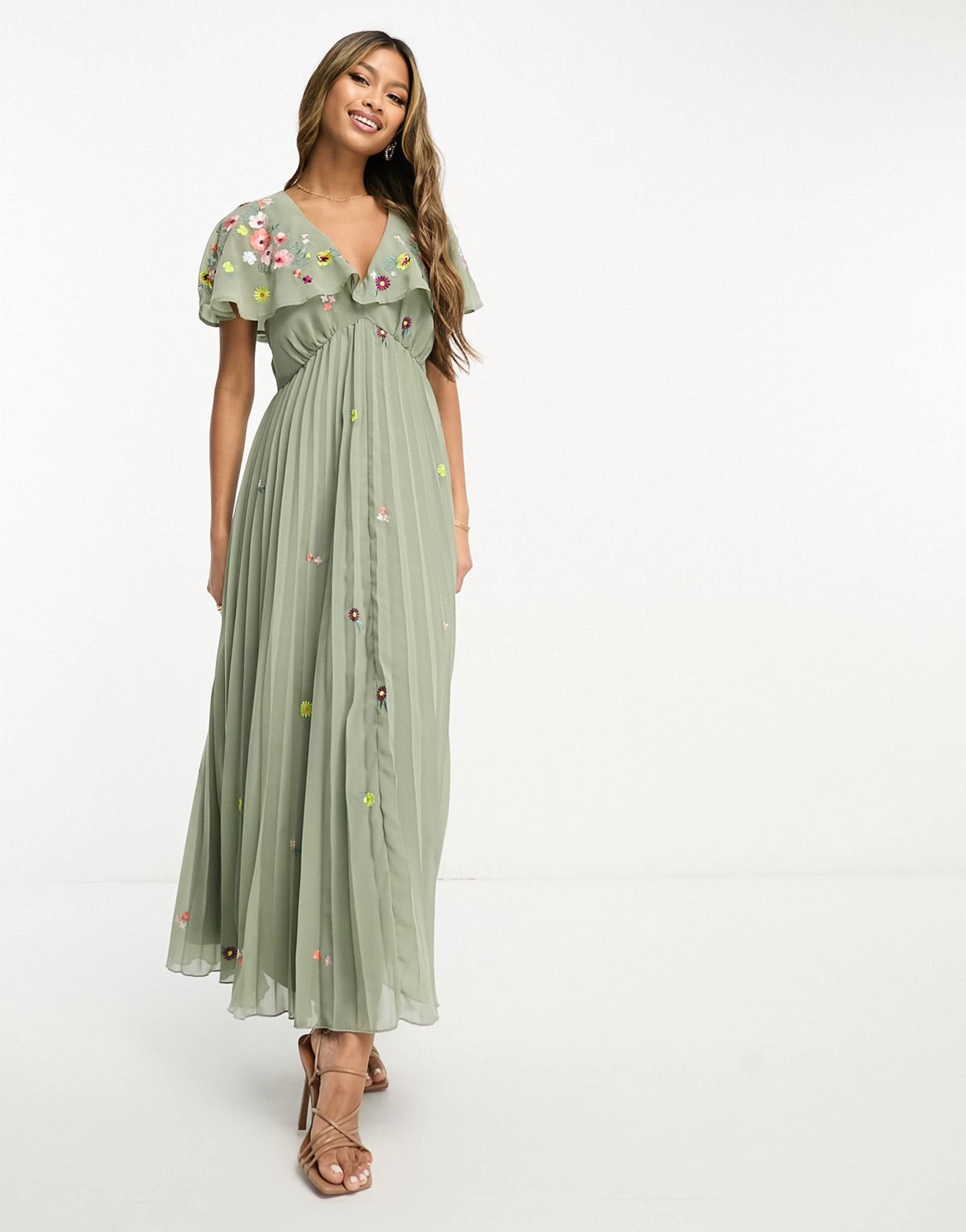 asos design v-neck angel sleeve pleat midi dress with all over embroidery in khaki