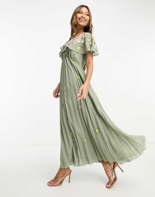 ASOS DESIGN v-neck angel sleeve pleat midi dress with all over embroidery  in khaki