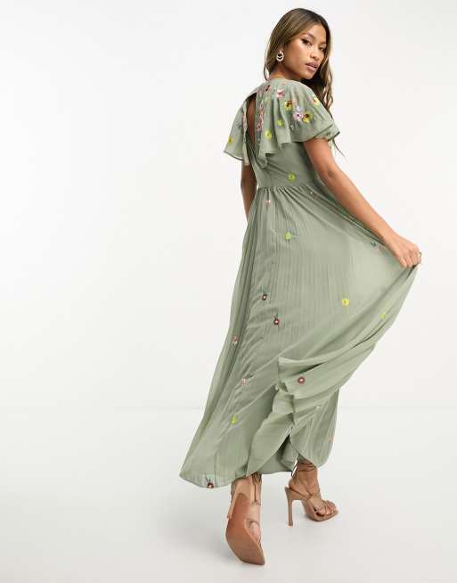 ASOS DESIGN v-neck angel sleeve pleat midi dress with all over