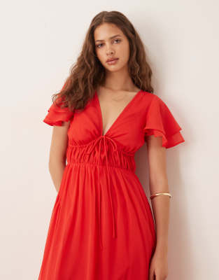 Asos Design V Neck Angel Sleeves Cut Out Maxi Dress In Red