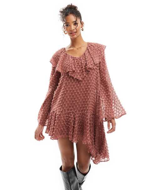 ASOS DESIGN v neck asymmetric hem dobby dress mini in rose - view 1