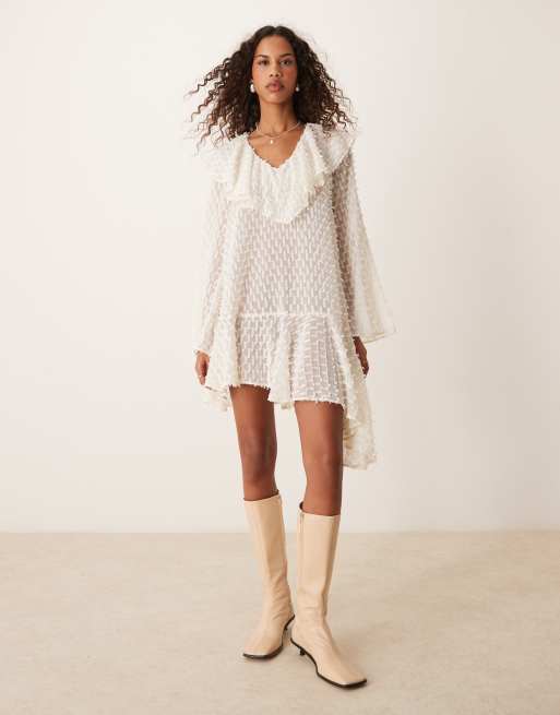 ASOS DESIGN v neck asymmetric hem dobby mini dress in winter white