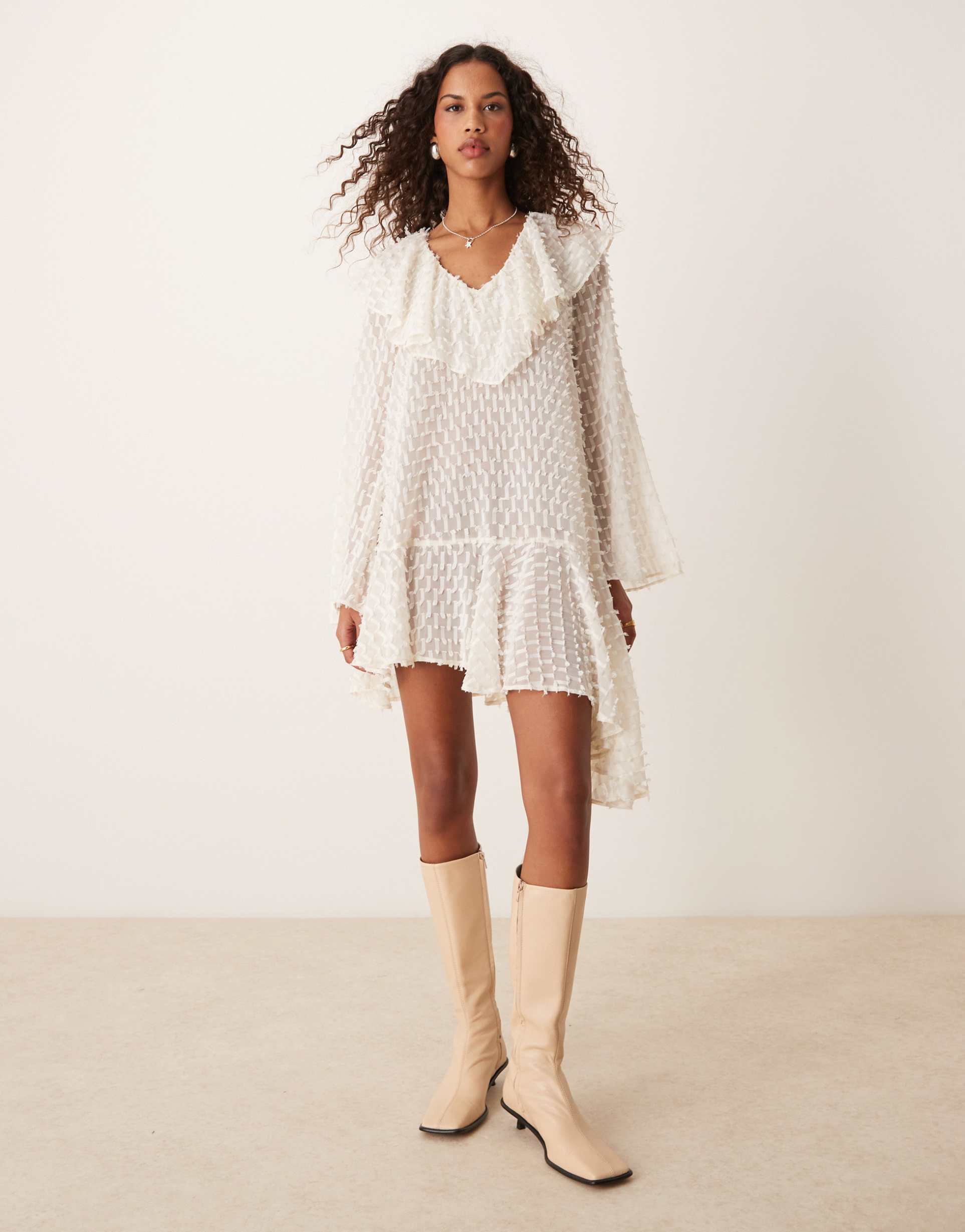 asos design v neck asymmetric hem textured mini dress in winter white