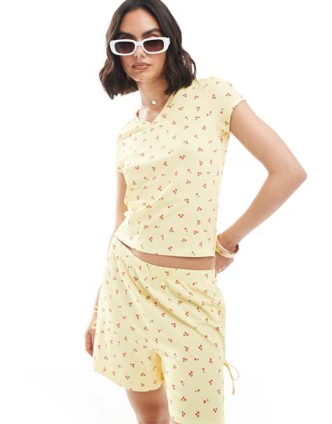 ASOS DESIGN v neck baby tee in buttermilk cherry print (part of a set) - view 1