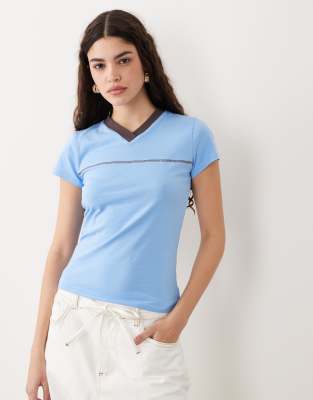 Asos Design V Neck Baby Tee With Contrast Neck Band In Blue