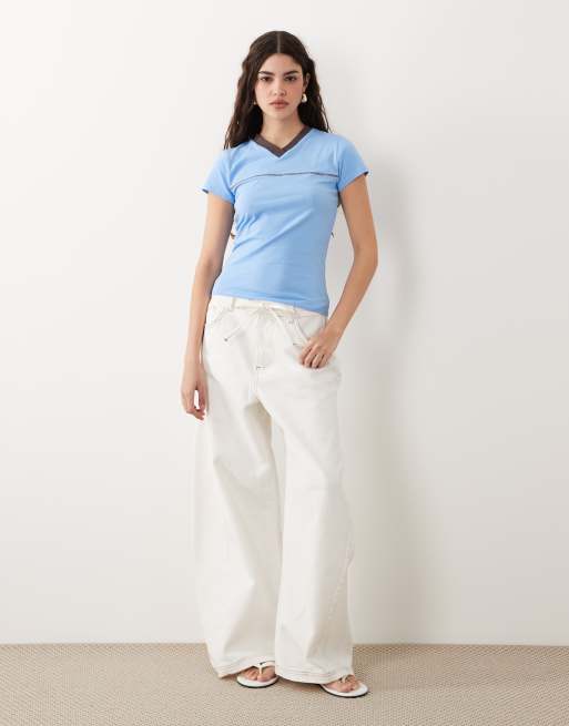 ASOS DESIGN v neck baby tee with contrast neck band in baby blue, 2 of 4