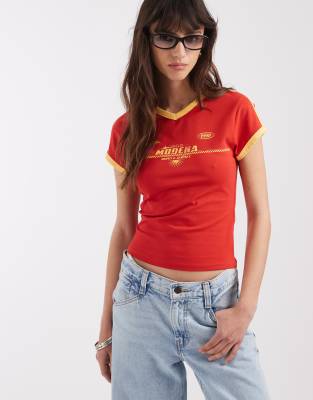 Asos Design V Neck Baby Tee With Sports Graphic In Red