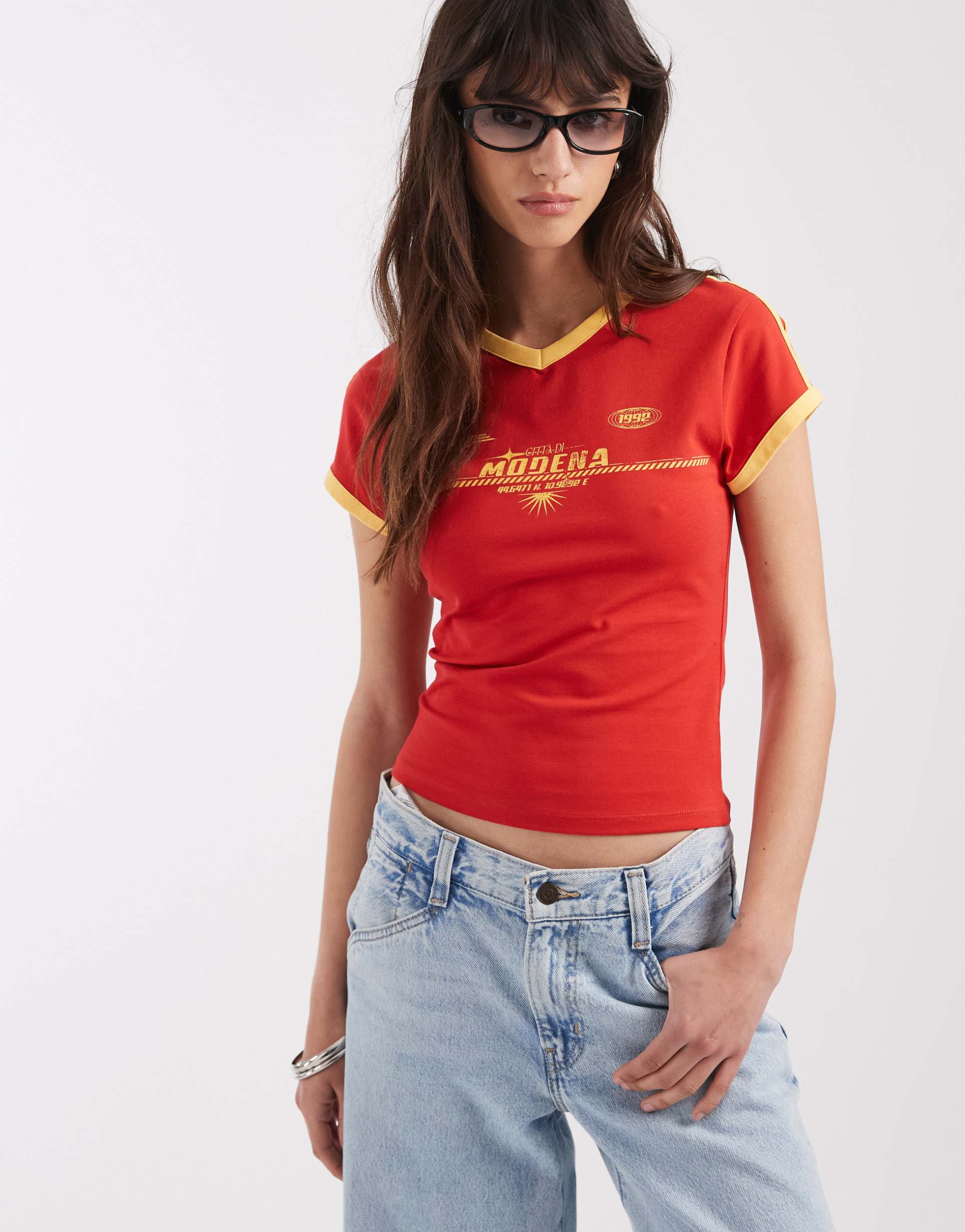 asos design v neck baby tee with sports graphic in red