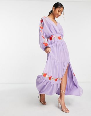 ASOS DESIGN v neck batwing chiffon maxi dress with embroidery detail in lilac