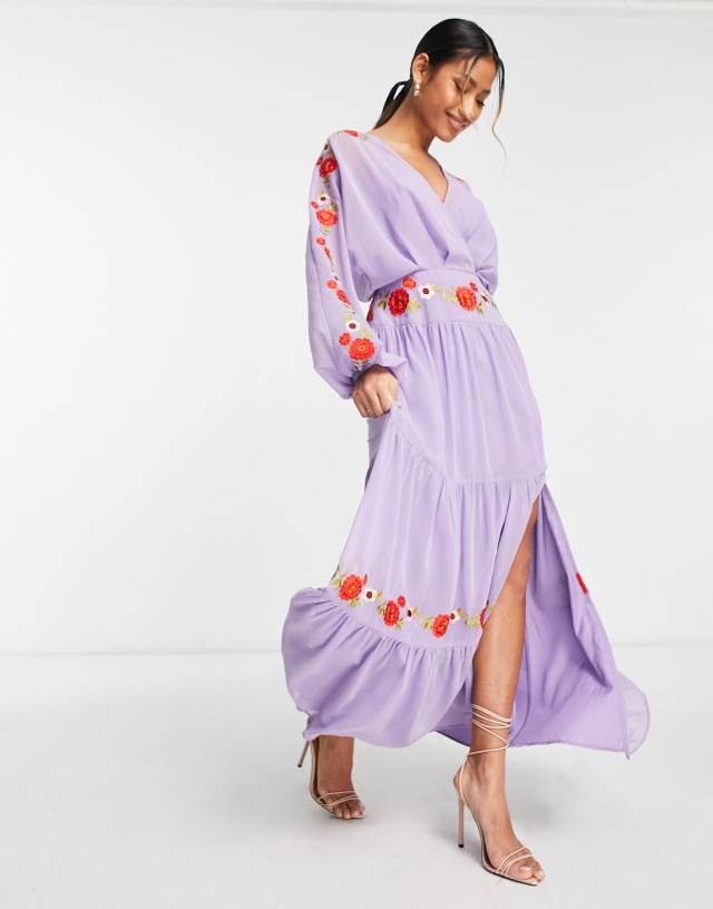 ASOS DESIGN v neck batwing chiffon maxi dress with embroidery detail in lilac