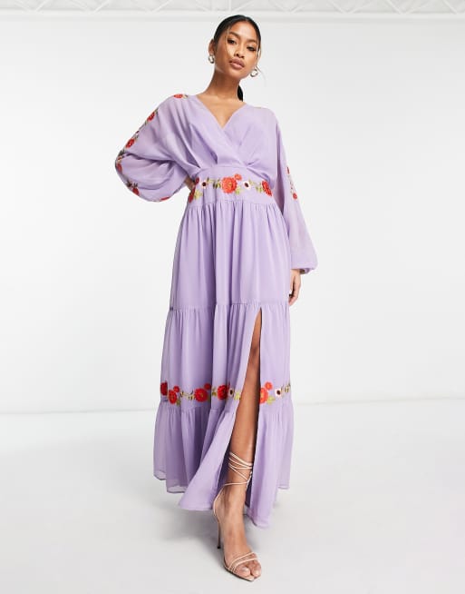 ASOS DESIGN v neck batwing chiffon maxi dress with embroidery detail in lilac ASOS