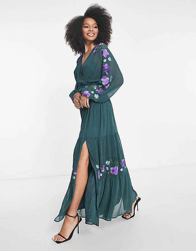 ASOS DESIGN v neck batwing chiffon maxi dress with embroidery detail in pine green ZN11691