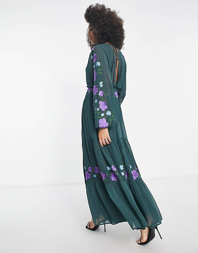 ASOS DESIGN v neck batwing chiffon maxi dress with embroidery detail in pine green ZN11691