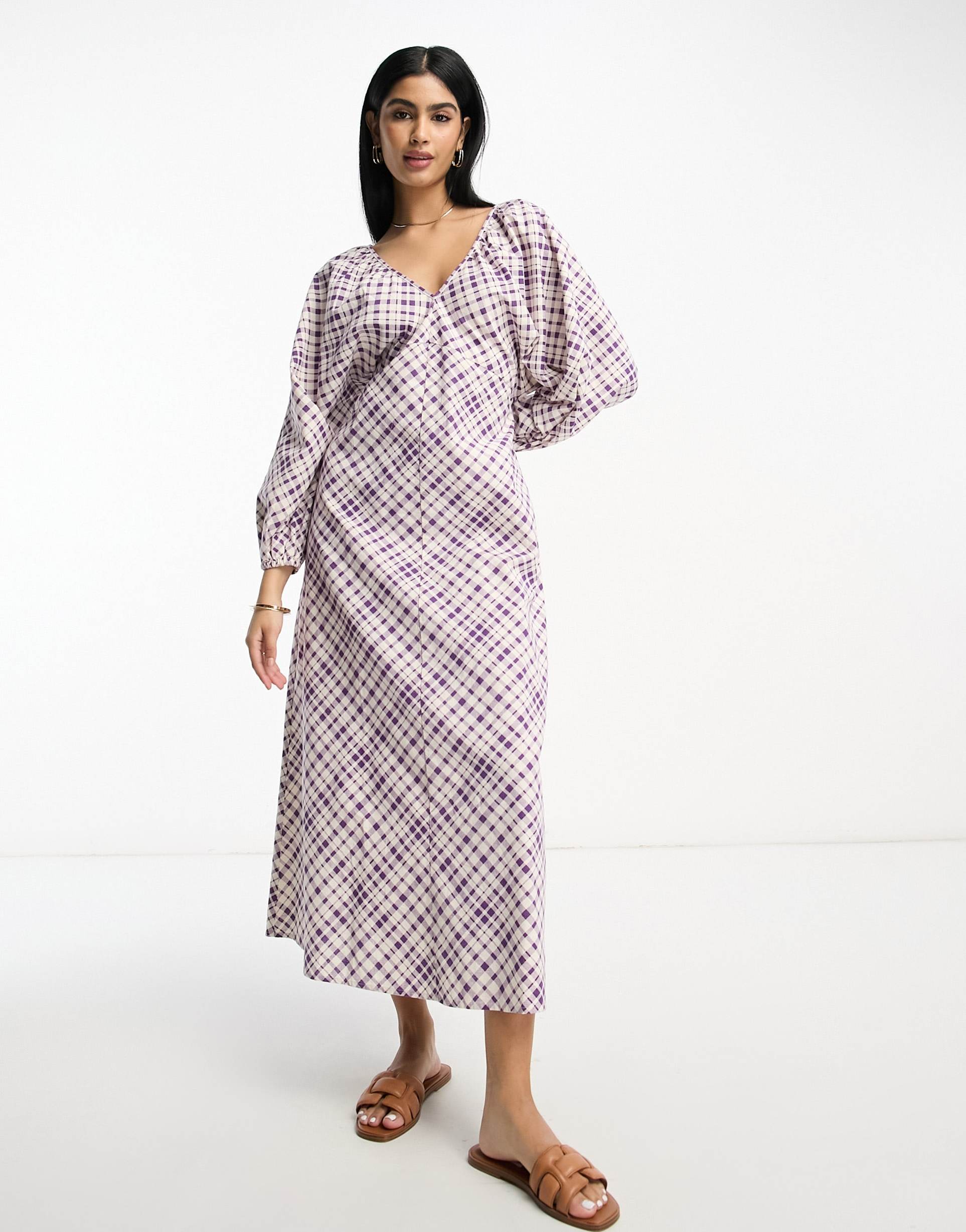 asos design v neck batwing midi dress with open back in purple check