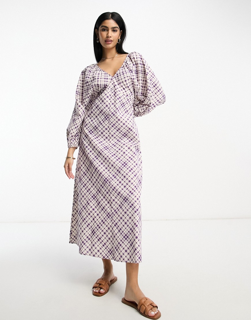 ASOS DESIGN v neck batwing midi dress with open back purple check-Multi